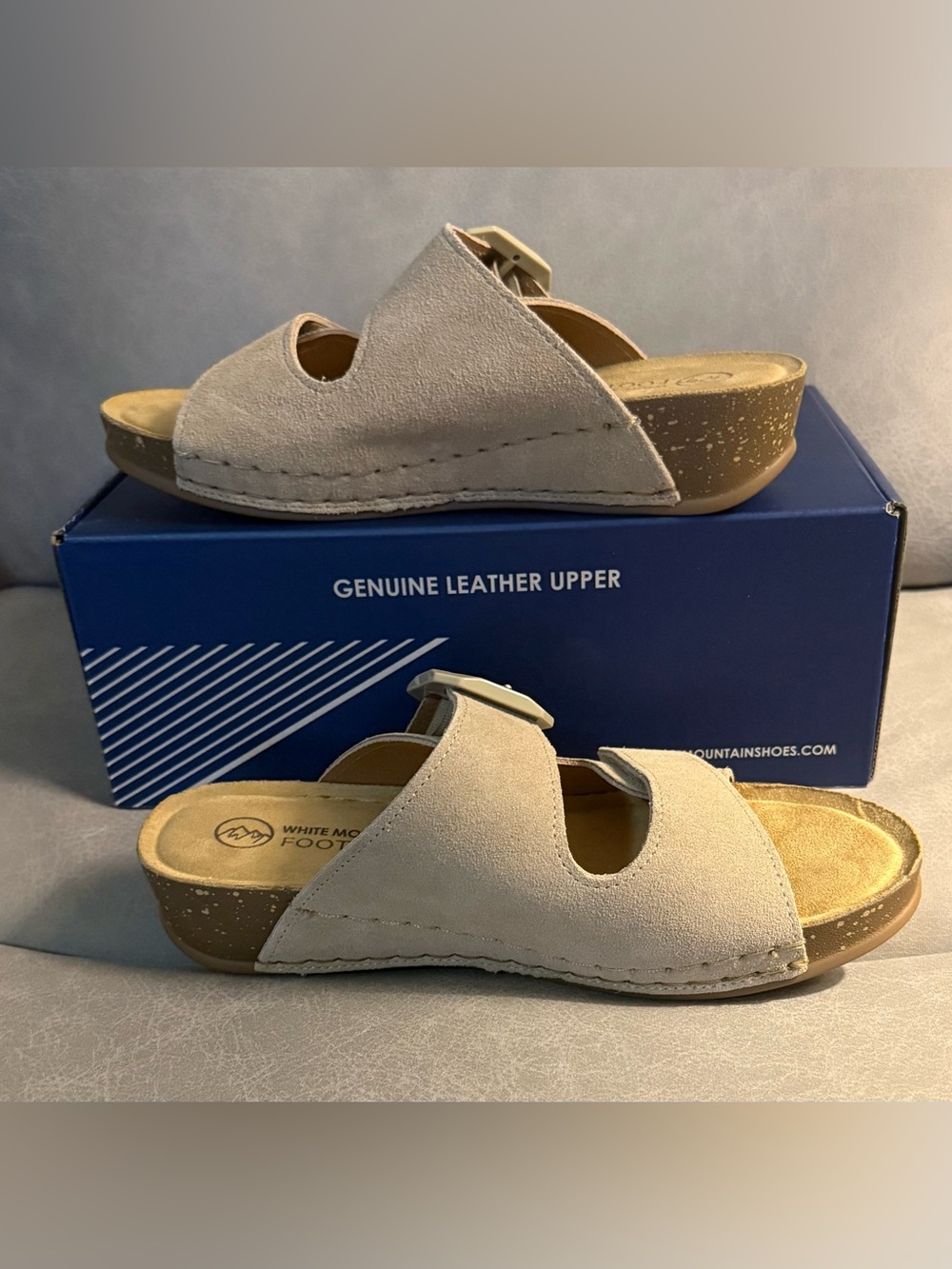 White Mountain Tan Suede Buckle Wedge Sandals
